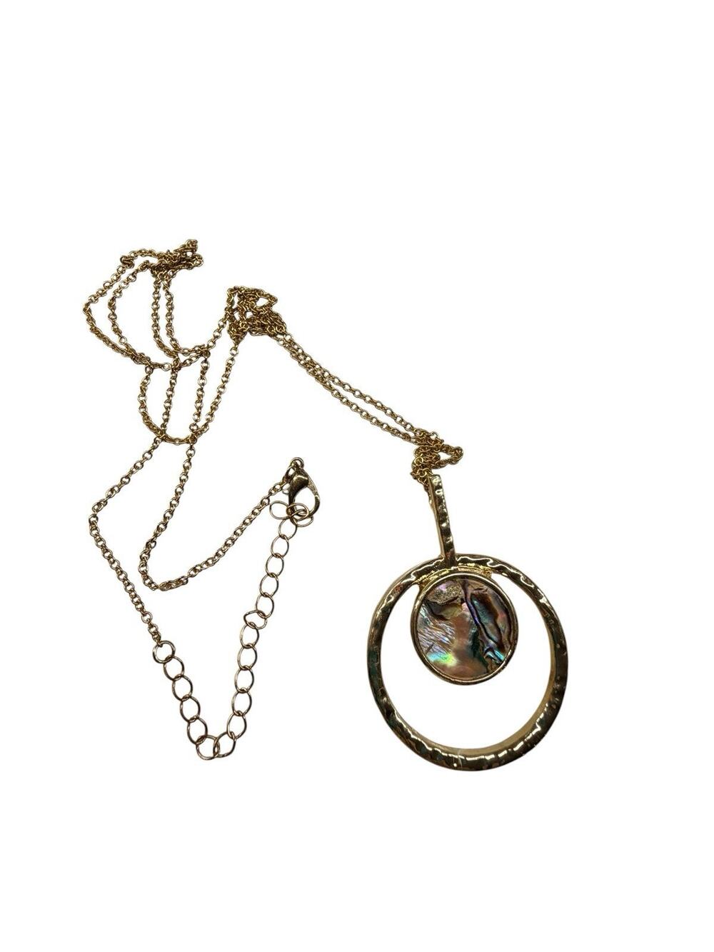 TONI Costume Jewelry Mother Of Pearl Abalone Pendant Gold Tone Long Chain